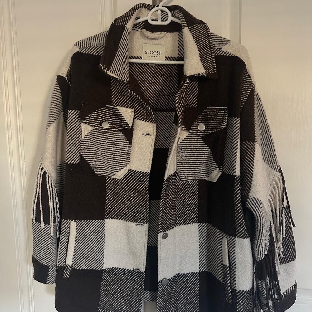 Stoosh Brown and White Plaid Fringe Shacket